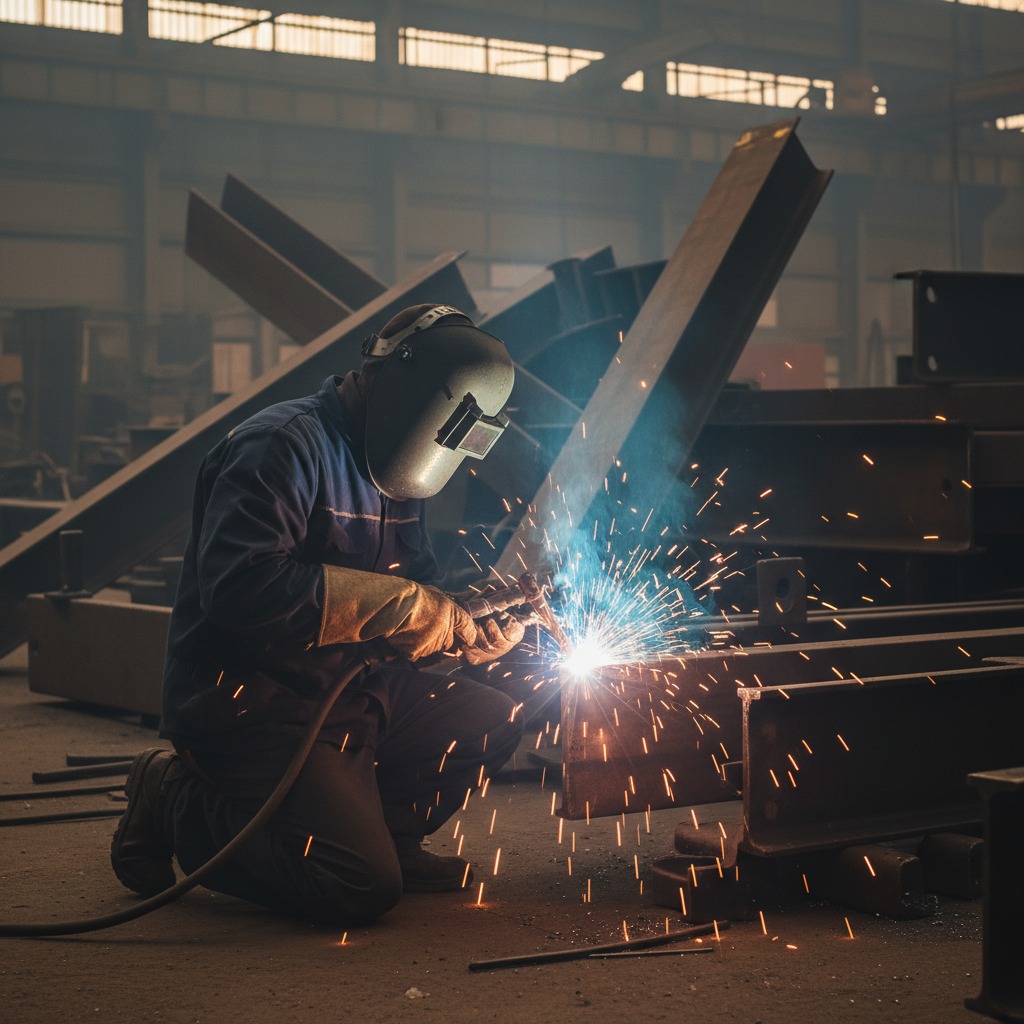 A welder wearing protective gear kneels while joining steel beams in a factory, creating a bright spray of sparks.